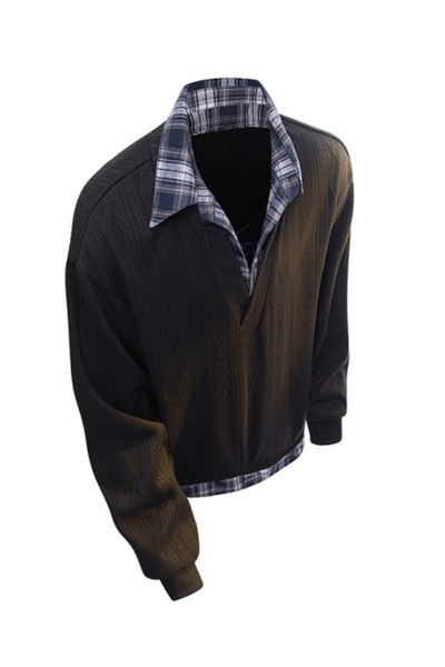 Men's Fall Winter Plaid-Collar Layered Jacquard Sweatshirt