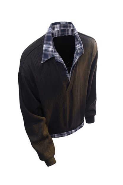 Men's Fall Winter Plaid-Collar Layered Jacquard Sweatshirt