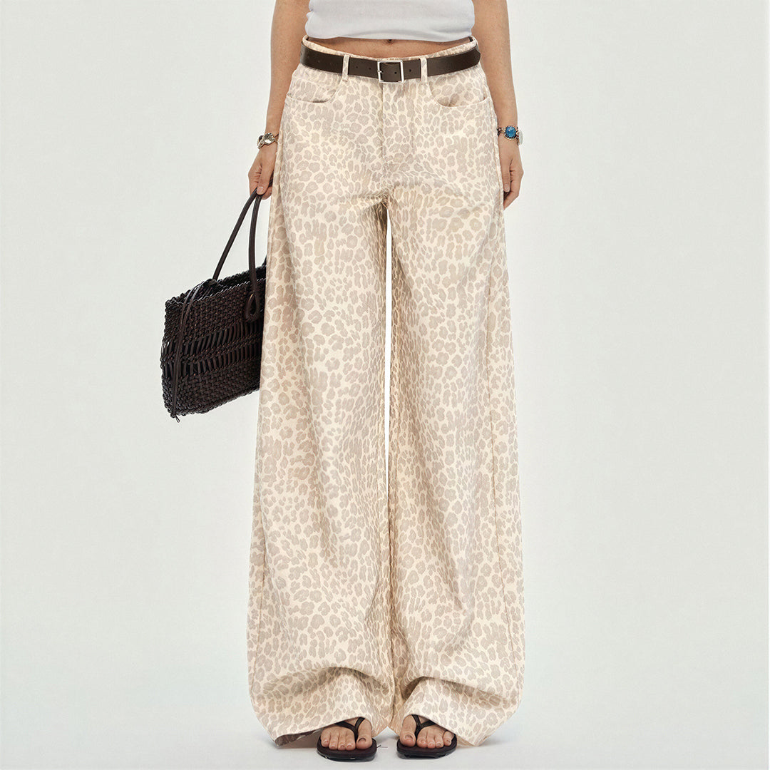 Women's Spring Pink Leopard Print Wide-Leg Denim Jeans