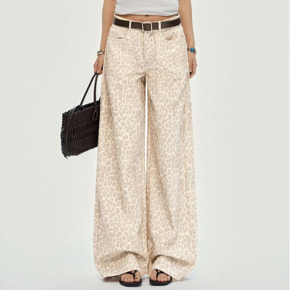 Women's Spring Pink Leopard Print Wide-Leg Denim Jeans