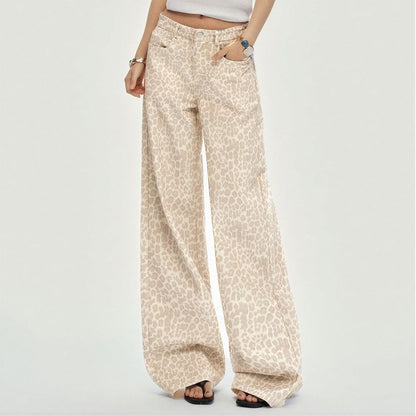 Women's Spring Pink Leopard Print Wide-Leg Denim Jeans