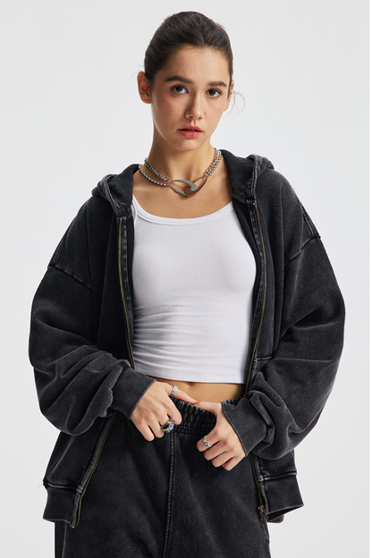 Women's Cotton Washed Distressed Front Pocket Hooded Jacket