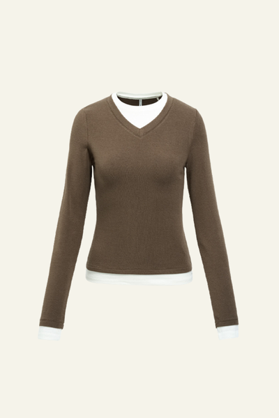 Women V-Neck Layered Long-Sleeve Knit T-Shirt