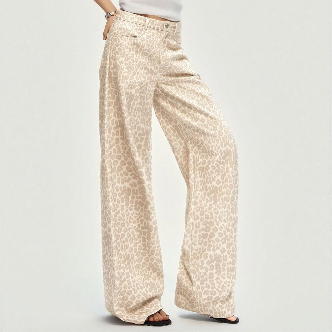 Women's Spring Pink Leopard Print Wide-Leg Denim Jeans