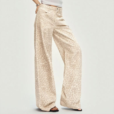 Women's Spring Pink Leopard Print Wide-Leg Denim Jeans