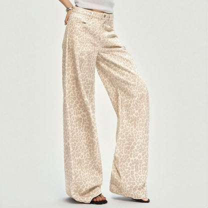 Women's Spring Pink Leopard Print Wide-Leg Denim Jeans