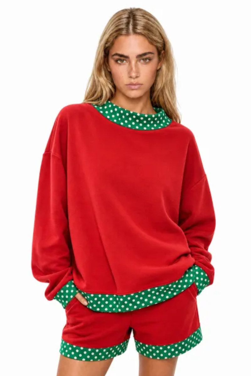 Women Fall Polka Dot Mock Neck Sweatshirt Shorts Set