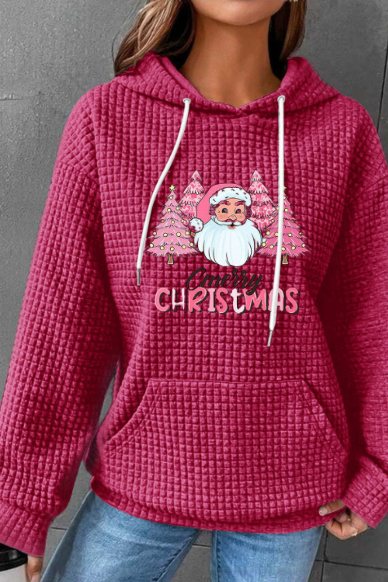 Women Winter Christmas Santa Waffle Knit Pullover Hoodie
