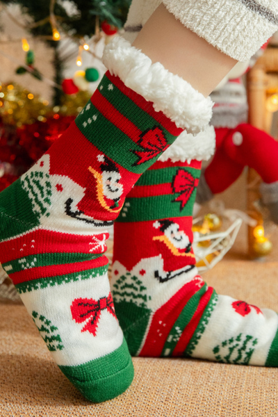 Women Winter Christmas Fleece Cuff Non Slip Slipper Socks