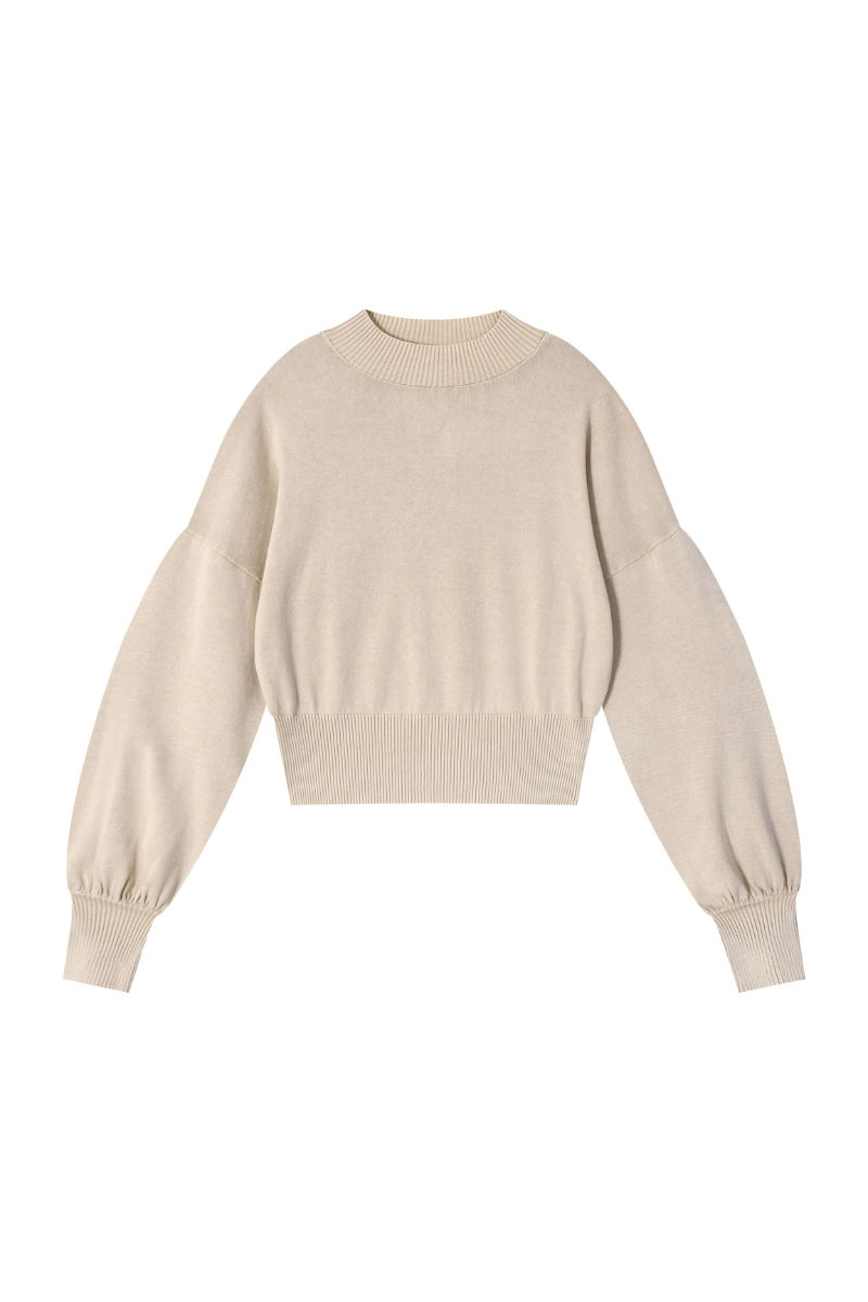 Women Fall Clothing Snow Washed Balloon Sleeve Knit Sweater