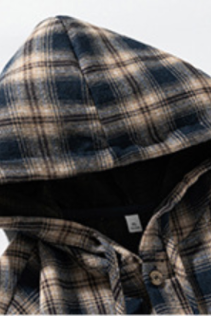 Men's Spring Vintage Hooded Plaid Button-Down Overshirt