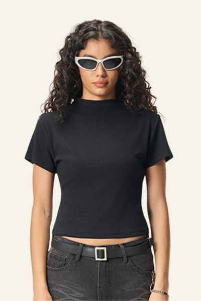 Women's Streetwear  High-neck Slim  Dopamine  T-shirt