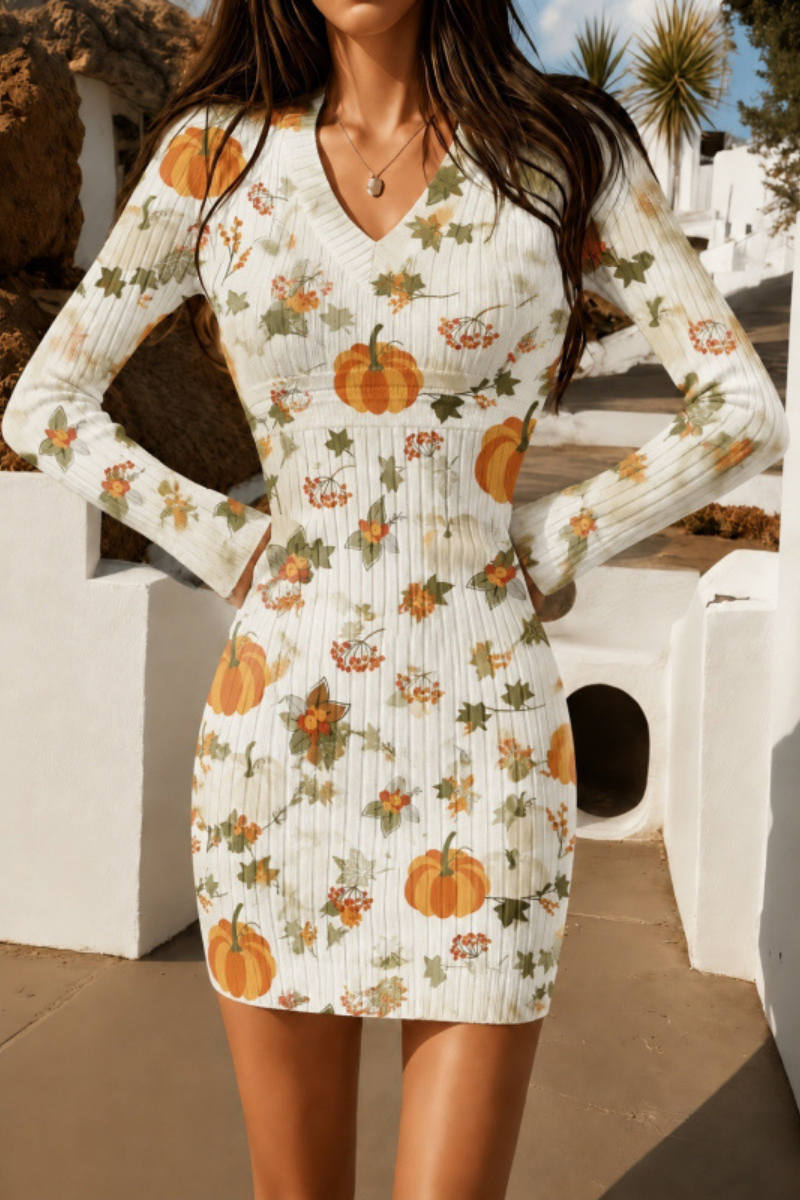 Women Fall Halloween Pumpkin Ribbed Bodycon Mini Dress