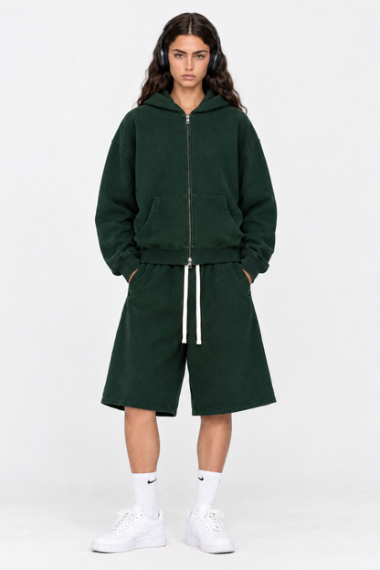 Women's Loose American Casual Zip Hoodie  Mid Shorts Set