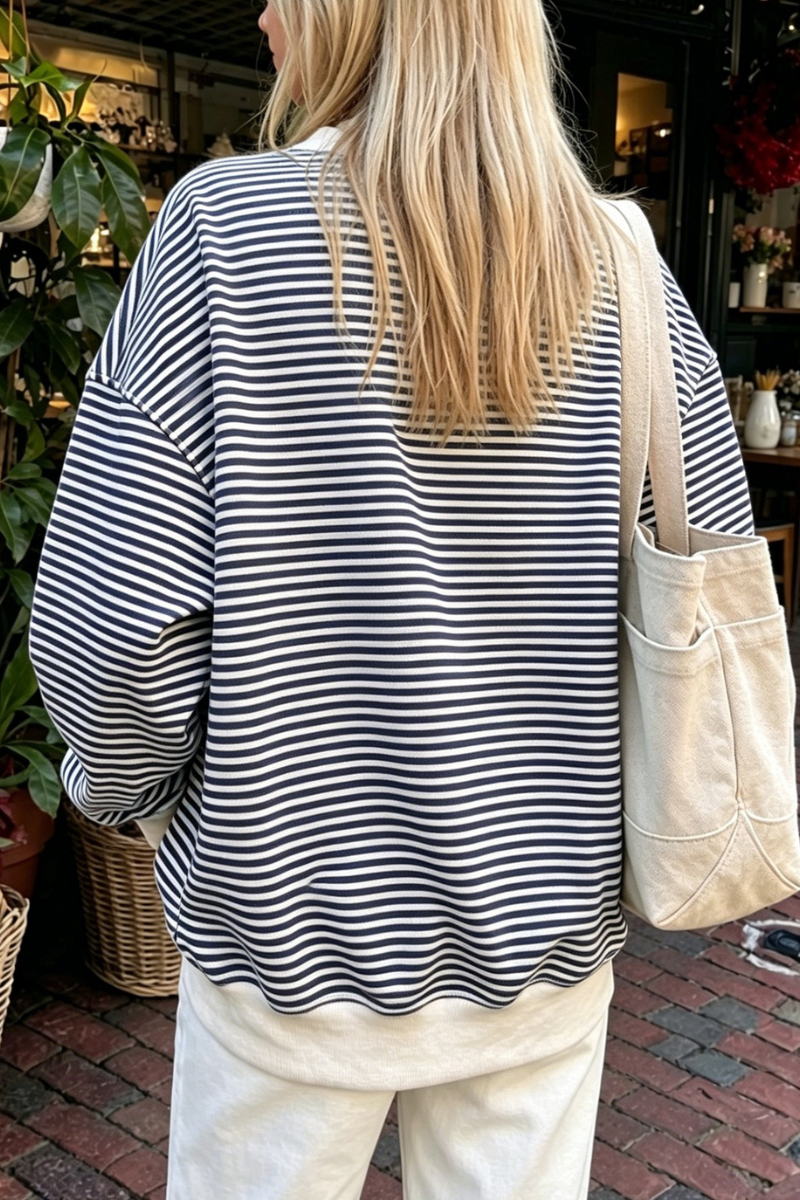 Women Spring Striped Mock Neck Oversized Cotton Sweatshirt