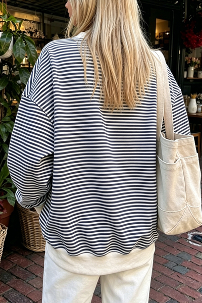 Women Spring Striped Mock Neck Oversized Cotton Sweatshirt