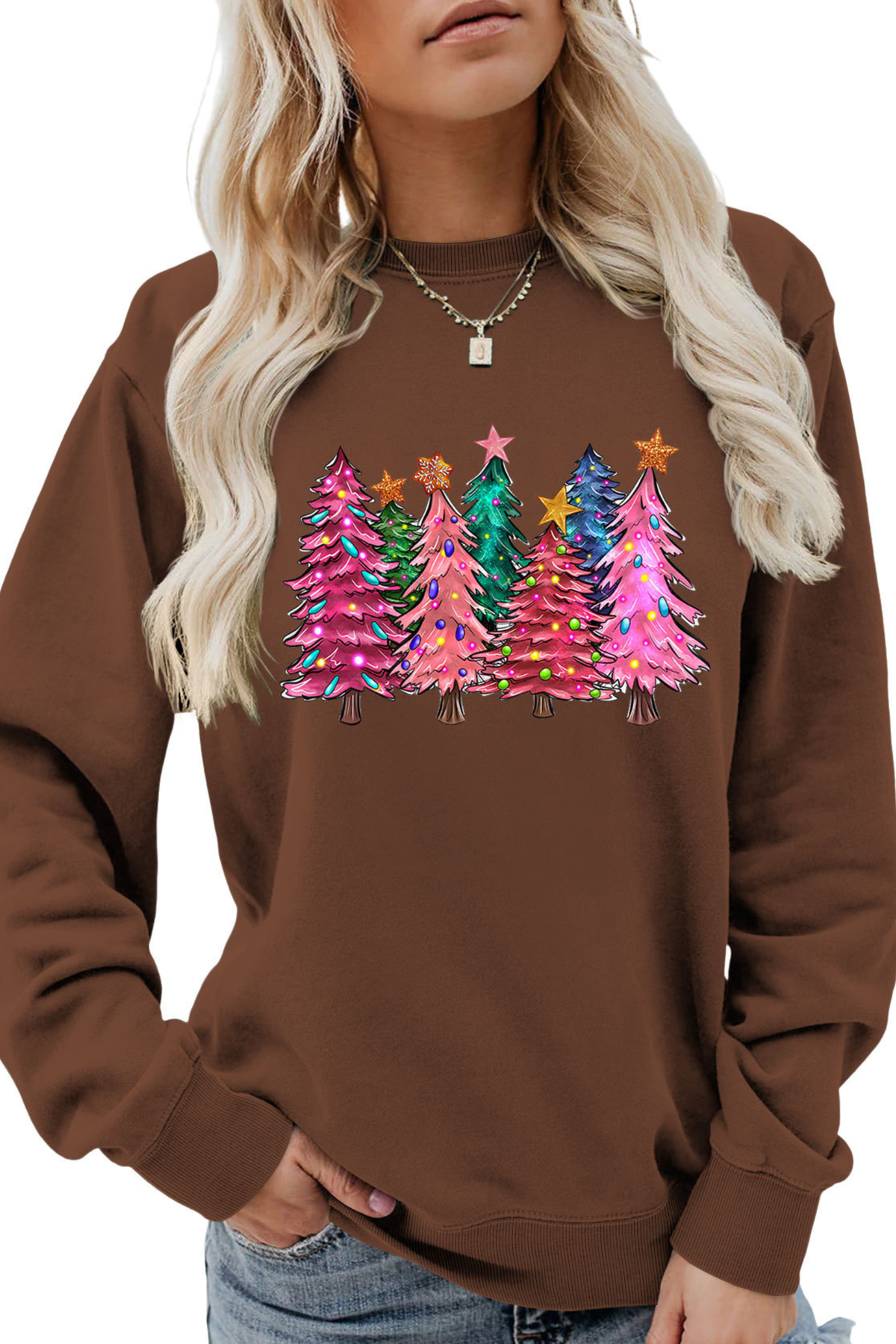 Women's Fall Christmas Tree Graphic Print Crew Sweatshirt