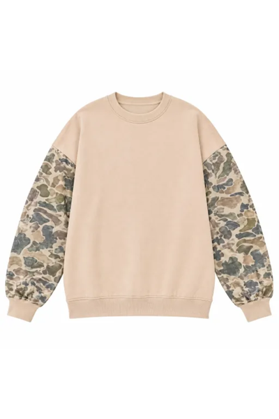 Women Fall Clothing Camo Sleeve Soft Mock Neck Sweatshirt
