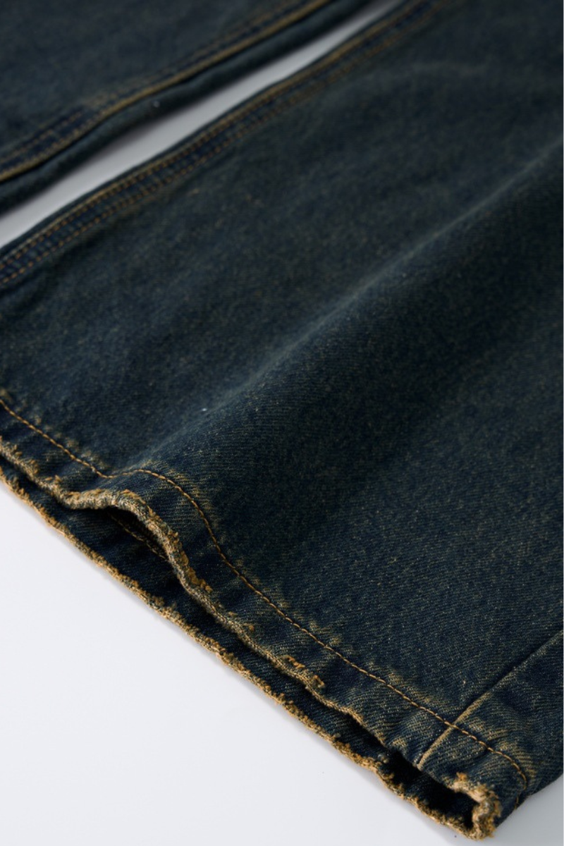 Men's Chain Rhinestone Washed Blue Yellow Fade Wide Jeans