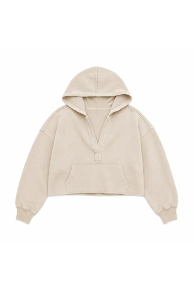 Women Spring Raw Edge V Neck Cropped Pullover Hoodie