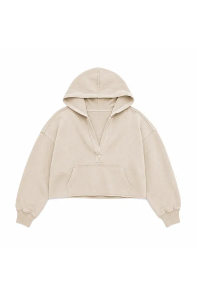 Women Spring Raw Edge V Neck Cropped Pullover Hoodie
