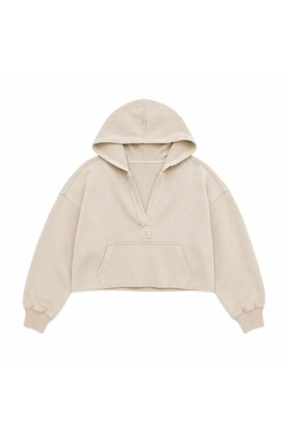 Women Spring Raw Edge V Neck Cropped Pullover Hoodie