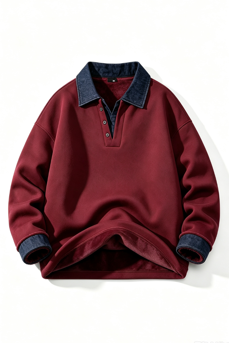 Men's Fall Winter Fleece-Lined Denim-Collar Polo Sweatshirt
