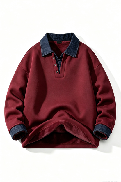 Men's Fall Winter Fleece-Lined Denim-Collar Polo Sweatshirt