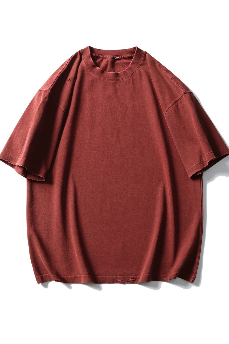 Men's Cotton Washed Distressed Hole Crewneck Tee