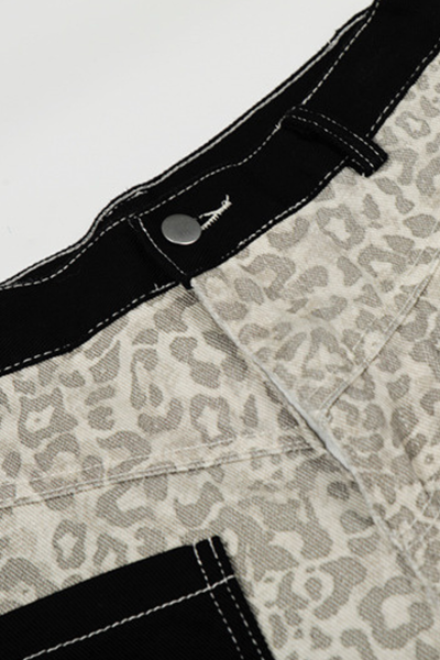 Unisex Spring Retro Colorblock Leopard Wide Curved Jeans