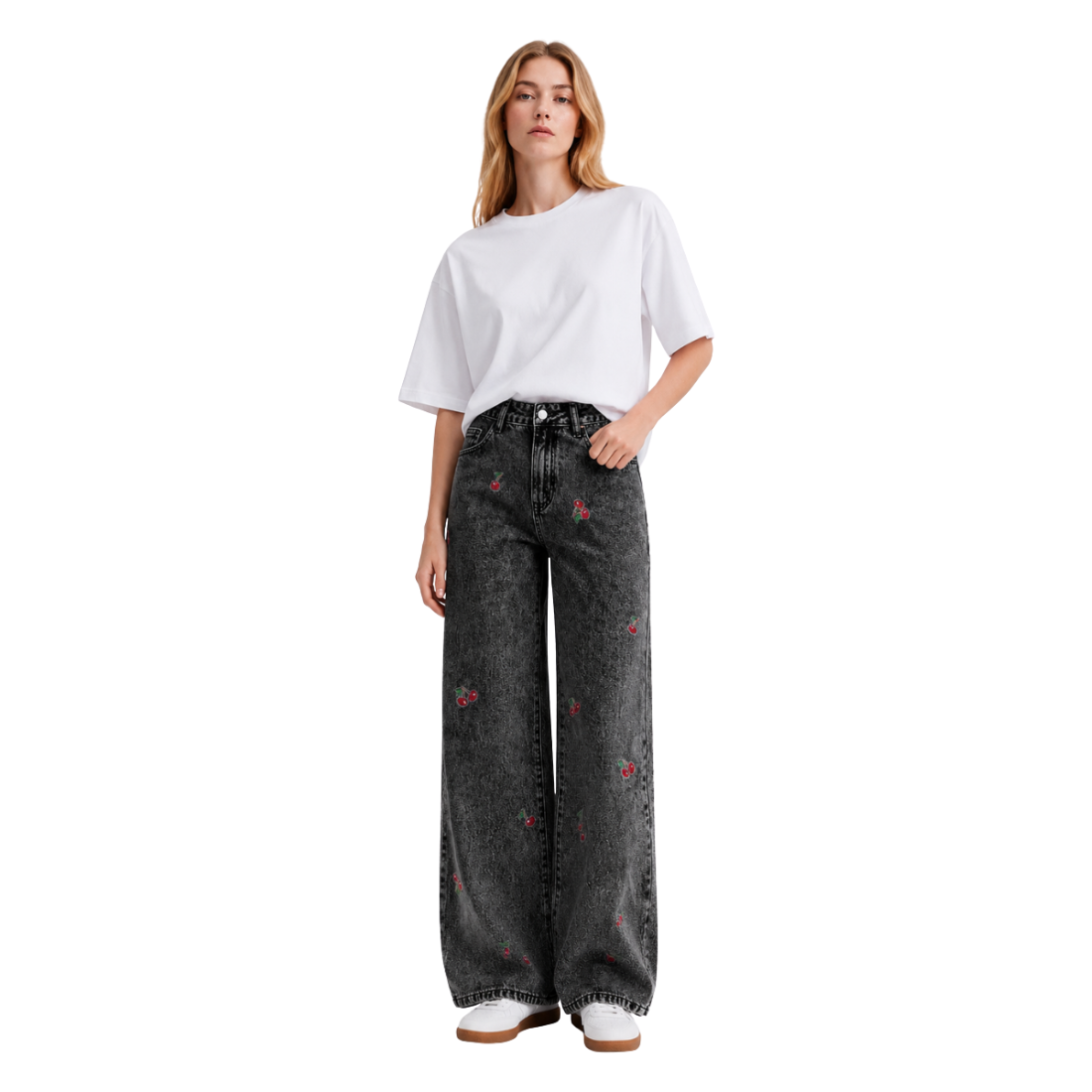 Women's High Waist Cherry Embroidered Wide Leg Jeans