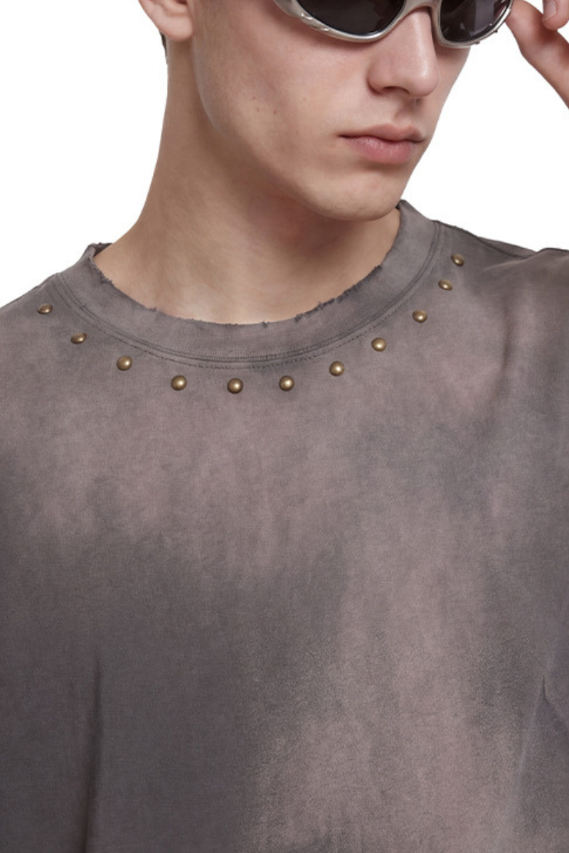 Men's Summer 260g Retro Washed Rivet Distressed Fade Tee