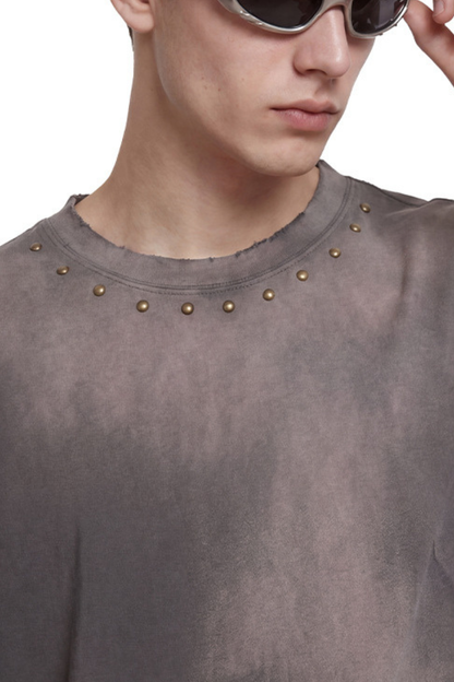 Men's Summer 260g Retro Washed Rivet Distressed Fade Tee