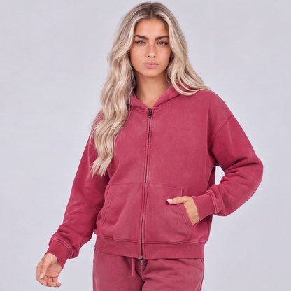 Women Fall Clothing Snow Wash Brushed Fleece Zip Hoodie