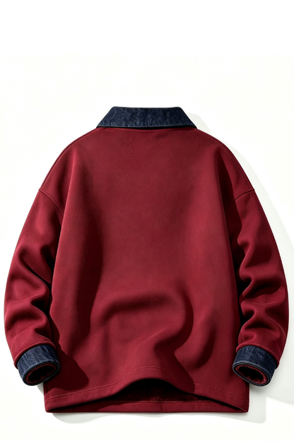 Men's Fall Winter Fleece-Lined Denim-Collar Polo Sweatshirt