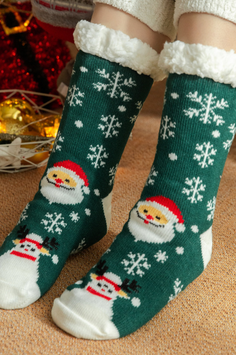 Women Winter Christmas Fleece Cuff Non Slip Slipper Socks