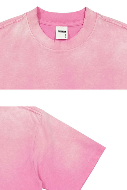 Men's 270g Cotton Spray Fade Mock Neck Washed Distressed Tee