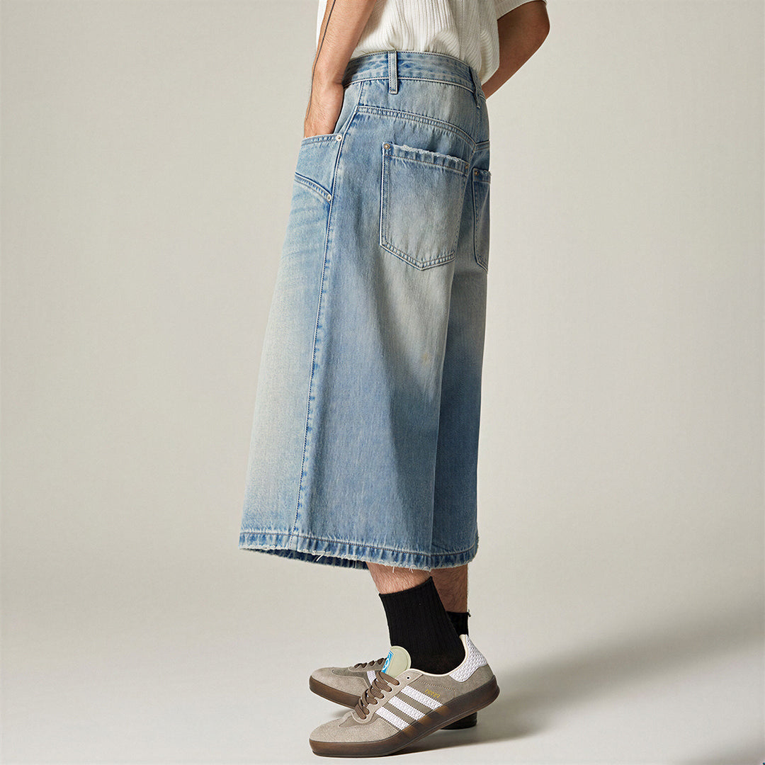 Men's Summer Washed Strap Wide-Leg Denim Shorts