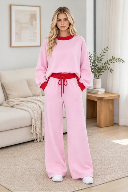 Women's Fall Color Trim Drawstring Loose 2 Piece Set