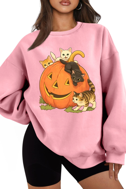 Women Fall Halloween Cat Pumpkin Oversized Sweatshirt
