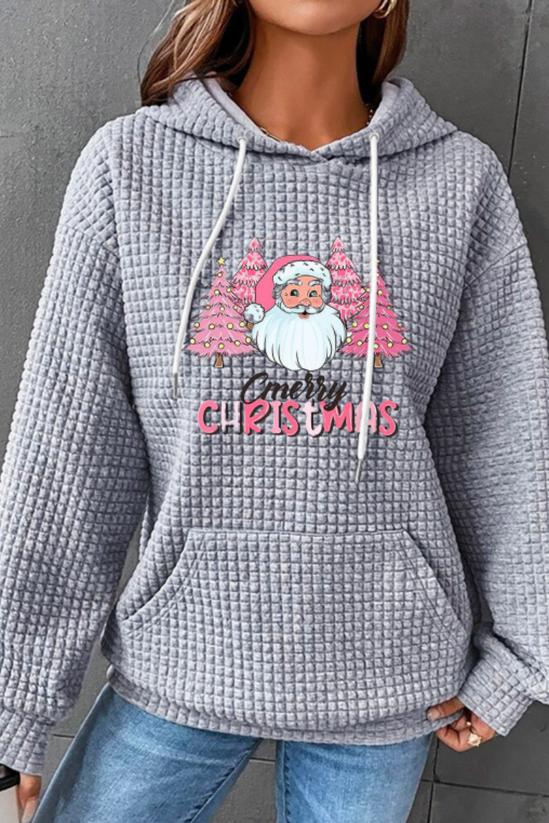 Women Winter Christmas Santa Waffle Knit Pullover Hoodie