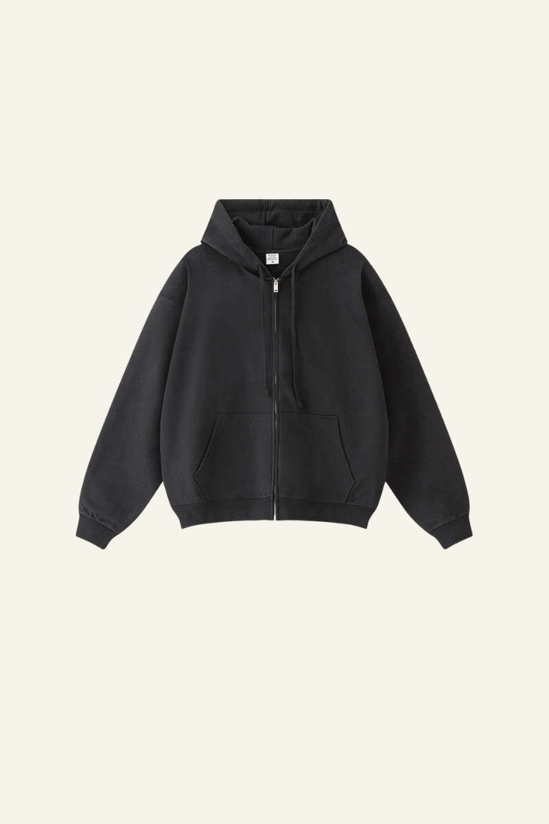 Pure color terry cloth hooded zip-up sweatshirt.