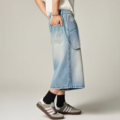 Men's Summer Washed Strap Wide-Leg Denim Shorts