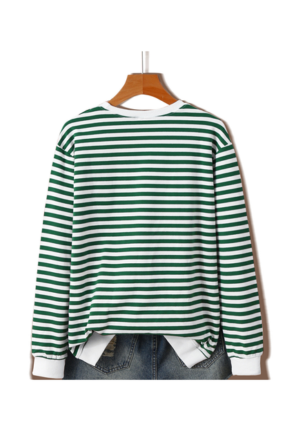 Women's Fall Christmas Cow Graphic Striped Crew Sweatshirt