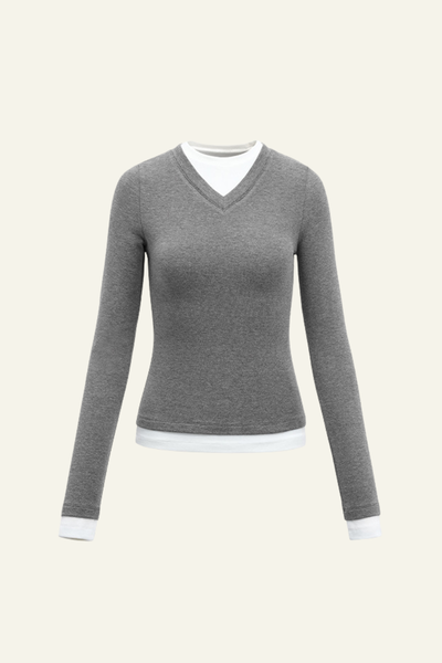 Women V-Neck Layered Long-Sleeve Knit T-Shirt