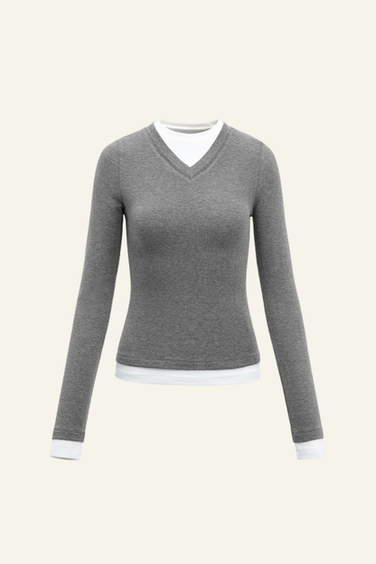 Women V-Neck Layered Long-Sleeve Knit T-Shirt