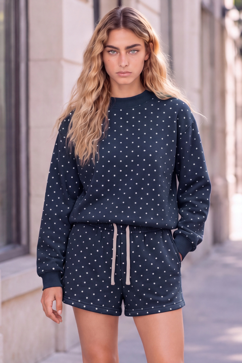 Women All Season Cozy Polka Dot Relaxed 2-Piece Shorts Set