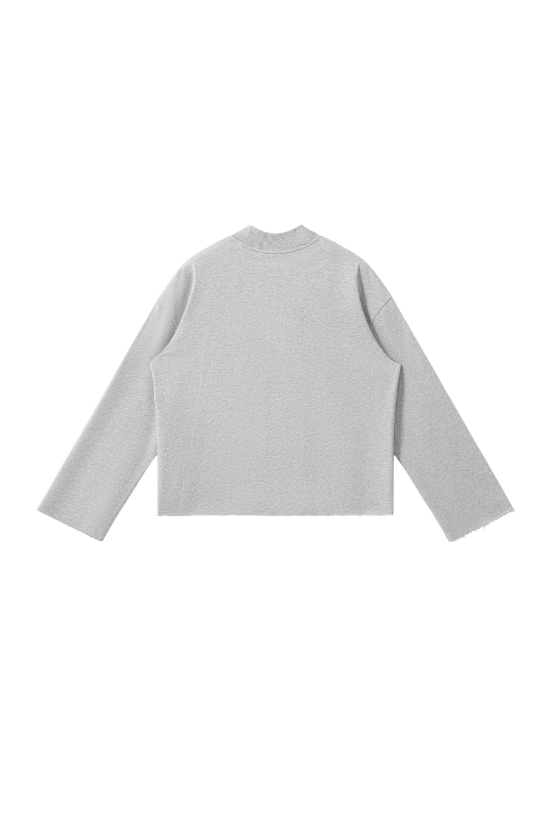 Women Fall Boxy Frayed Hem Mock Neck Long Sleeve Top