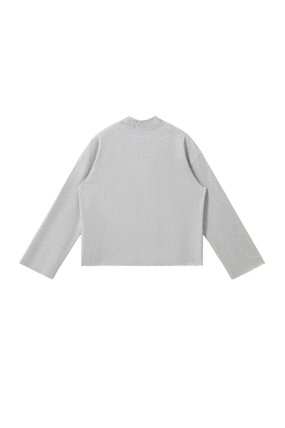 Women Fall Boxy Frayed Hem Mock Neck Long Sleeve Top
