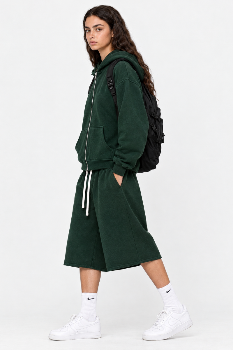 Women's Loose American Casual Zip Hoodie  Mid Shorts Set